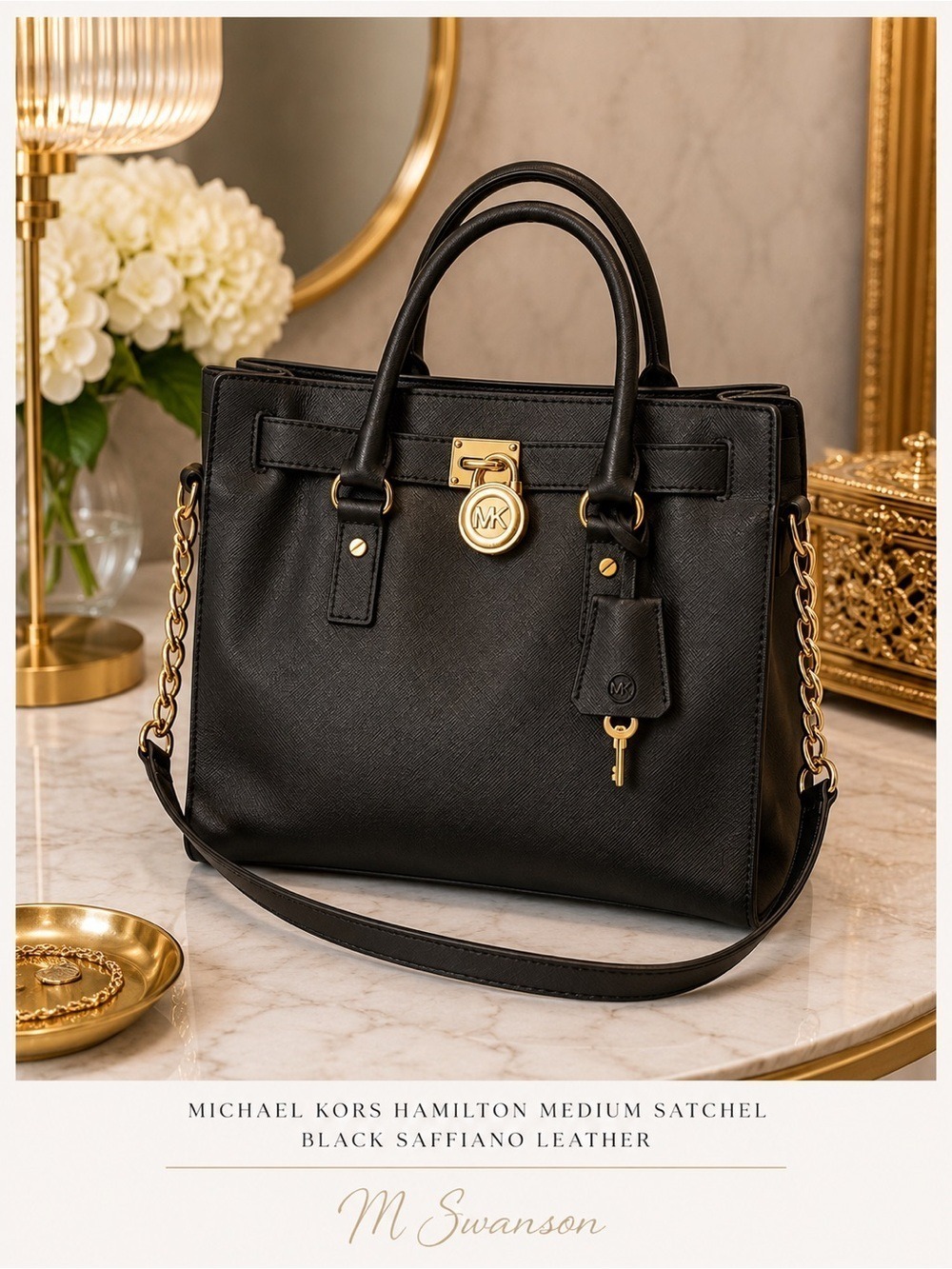 Michael Kors Hamilton Medium Black Gold Saffiano Leather Satchel Bag key fob EUC